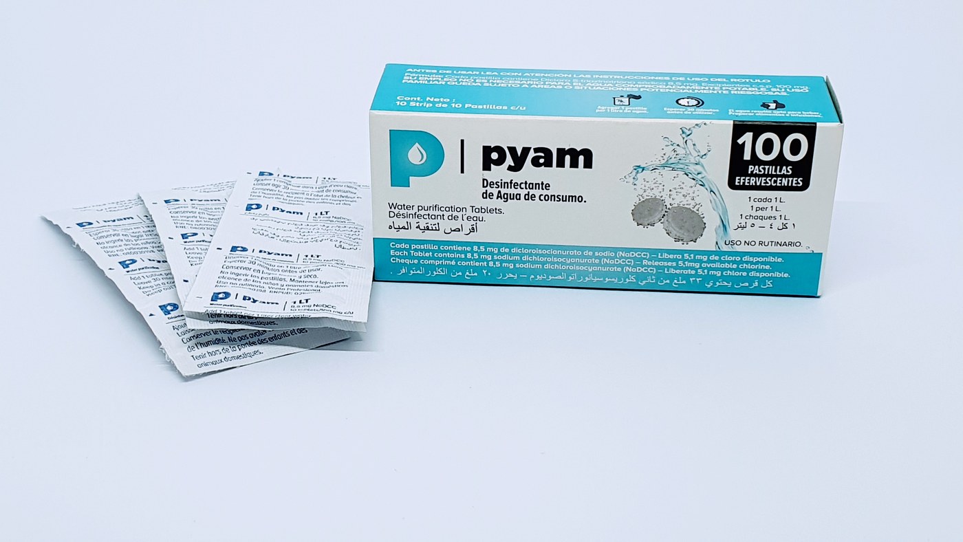 Estuche PYAM de 100 pastillas potabilizadoras de 1 litro