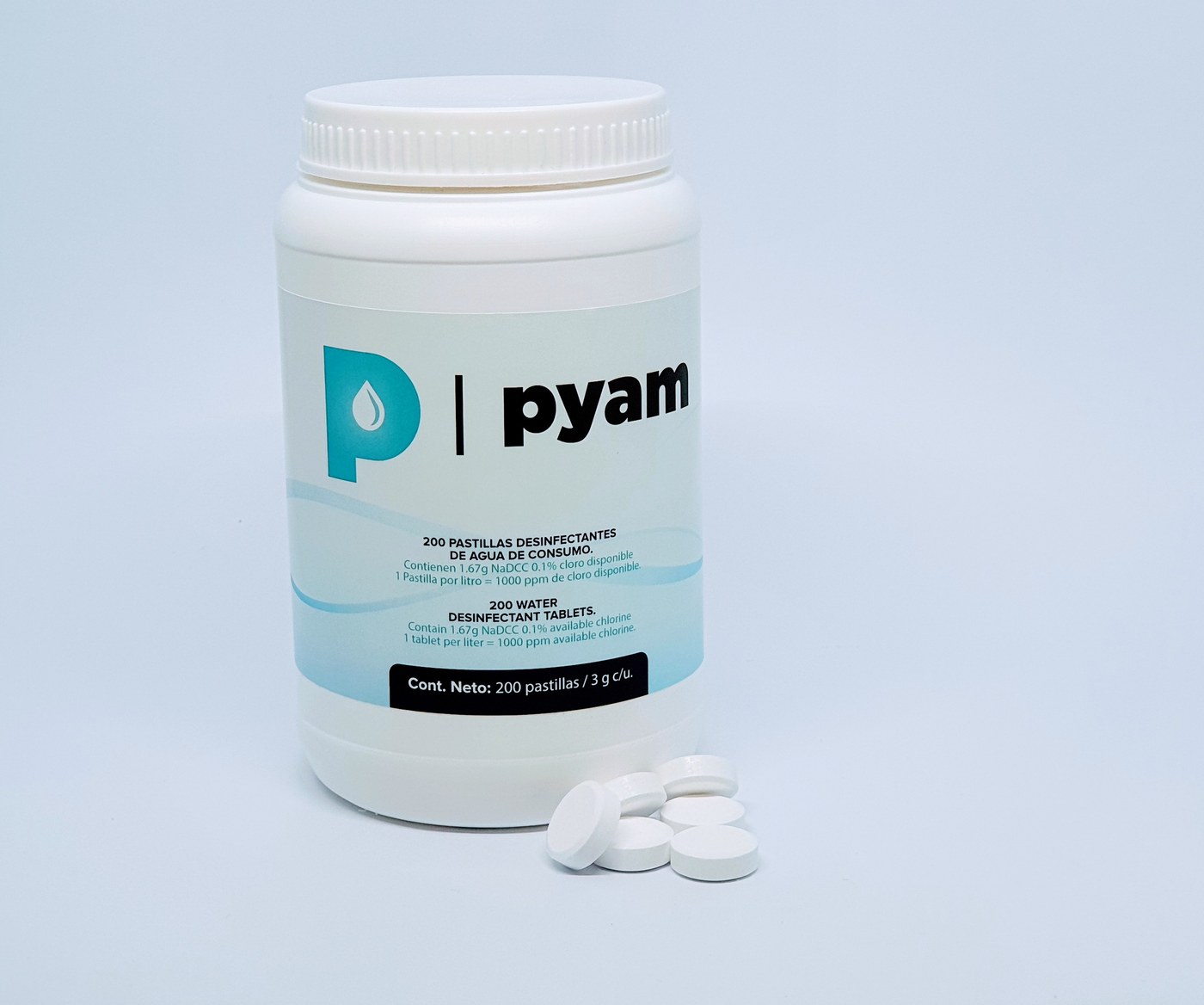 Pote PYAM de 200 pastillas, uso dual potabilizador y desinfectante
