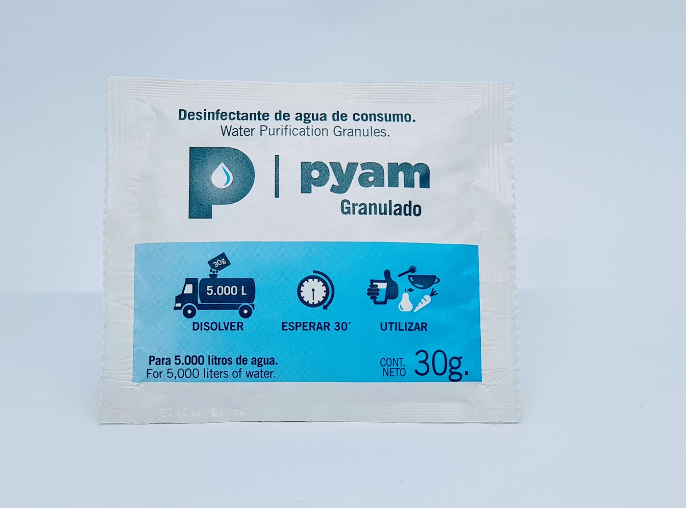 Sobre de granulado PYAM para potabilizar 5000 litros de agua